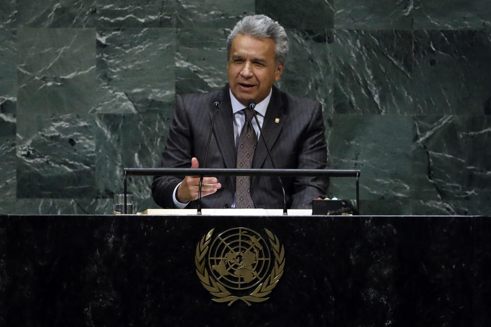 Ecuador's President Lenin Moreno Garces addresses the 73rd session of the United Nations General Assembly, at U.N. headquarters, Tuesday, Sept. 25, 2018. (AP Photo/Richard Drew)