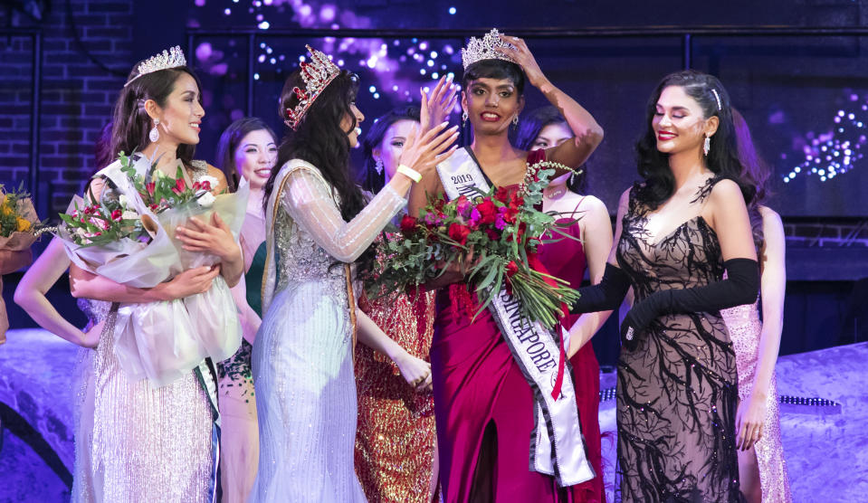 Title winner Mohana Phraba being crowned Miss Universe Singapore 2018 at Zouk.