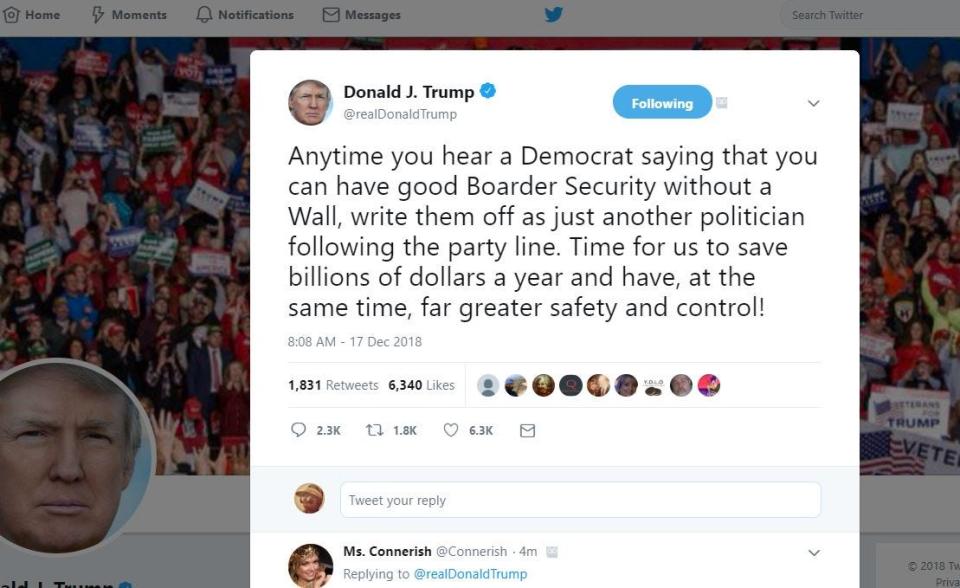 A screenshot of a tweet from President Donald Trump on Dec. 17, 2018, in which he wrote "boarder" when he meant to say "border."