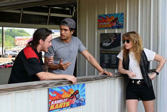 Pictured: (l-r) Jack Alcott as Randy, Charles Melton as Davis, Natasha Lyonne as Charlie Cale in POKER FACE Season 1 Episode 7