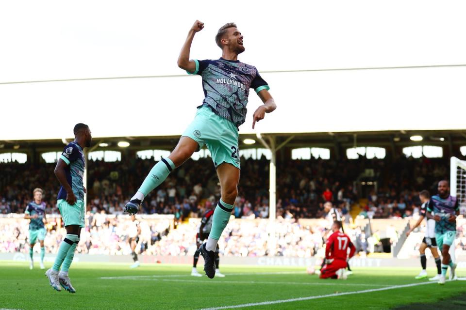 Goal: Defender Kristoffer Ajer celebrates Brentford’s third goal in August’s 3-0 win at Fulham (Getty Images)