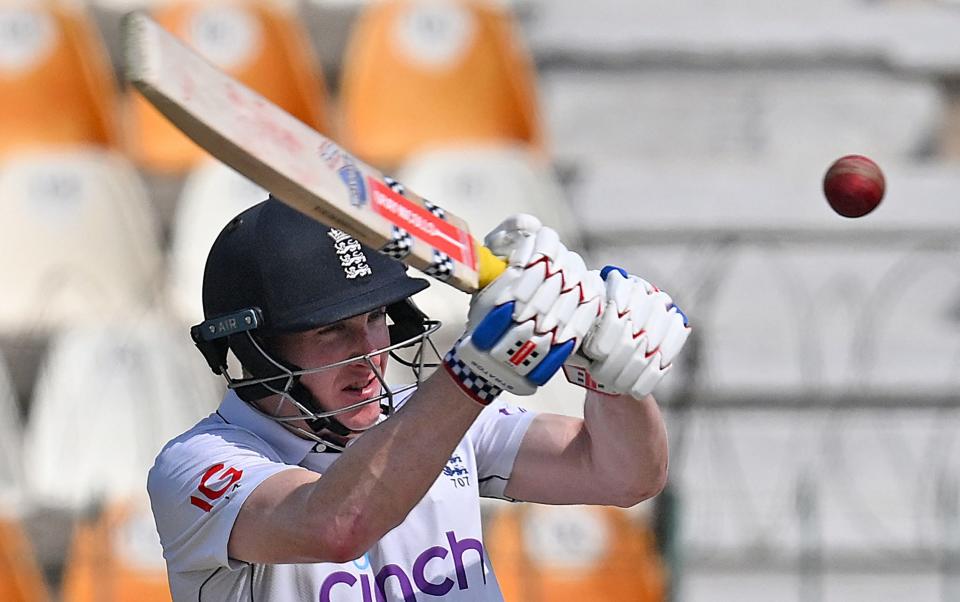 England's Harry Brook plays a shot during the fourth day of the first Test cricket match between Pakistan and England at the Multan Cricket Stadium in Multan on October 10, 2024.