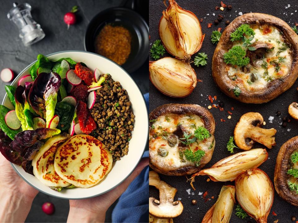 Lentils with halloumi; baked mushrooms.