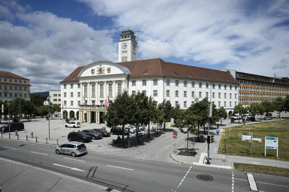 General view to the town hall and the county administration at the small city Sonneberg in German federal state Thuringia, Wednesday, July 5, 2023. The Alternative for Germany, or AfD, candidate Robert Sesselmann won the runoff election for a local county administrator in Sonneberg county on June 25, 2023. Sonneberg has a relatively small population of 56,800, but the win is a symbolic milestone for the far-right populist party AfD.(AP Photo/Markus Schreiber)