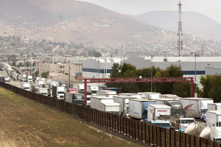 A long line of tractor trailers await entry into the U.S. from Mexico at the Otay Mesa, Calif., port of entry, June 22, 2016. (Glenn Fawcett / U.S. Border Patrol file)