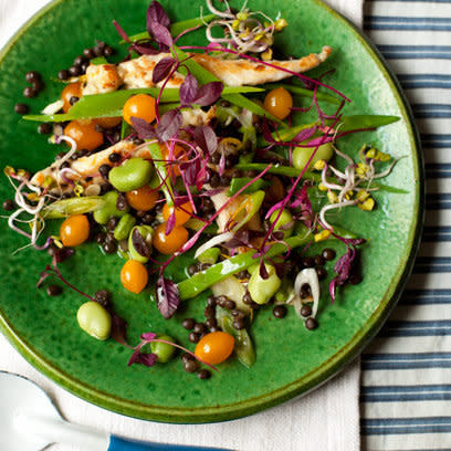 Hot Chicken Salad with Broad Beans Mangetout, Leaves & Lentils: Recipes