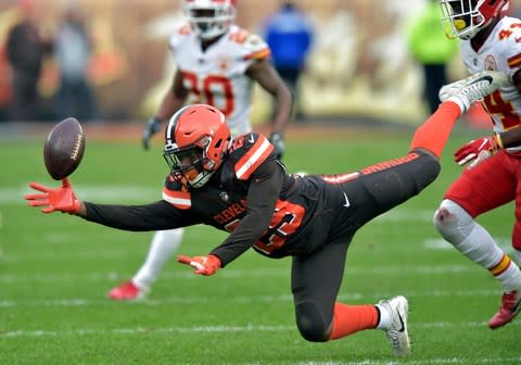 Cleveland Browns running back Duke Johnson (29) reaches but cannot catch a pass during the second half of an NFL football game against the Kansas City Chiefs - Credit: AP Photo/David Richard