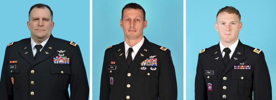 The photos in this combo, released by the New York State Division of Military and Naval Affairs, show the three National Guard members killed when a helicopter crashed in Mendon, NY, Wednesday, Jan. 20, 2021. They are, from left: Chief Warrant Officer 5 Steven Skoda, age 54, from Rochester, NY; Chief Warrant Officer 4 Christian Koch, age 39, from Honeoye Falls, NY; and Chief Warrant Officer Two Daniel Prial, age 30, from Rochester, NY. (New York State Division of Military and Naval Affairs via AP)