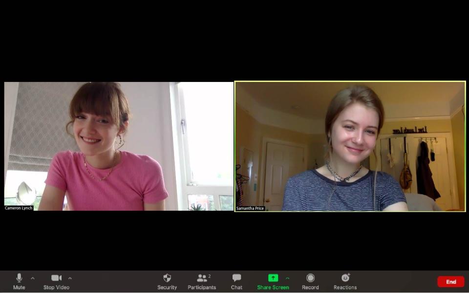 Cameron Lynch (left) joins a Zoom call with Samantha Price (right) on Aug. 6, 2020.