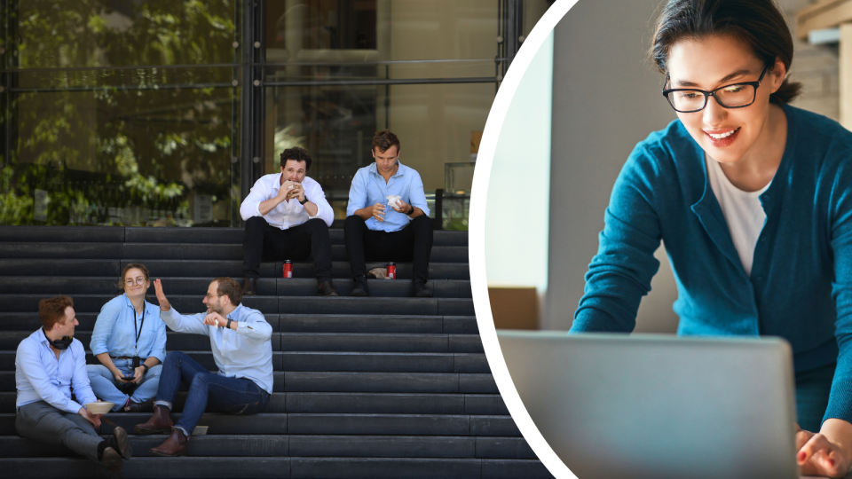 A composite image of office workers on the steps of a building in the CBD and a woman using her laptop from home.