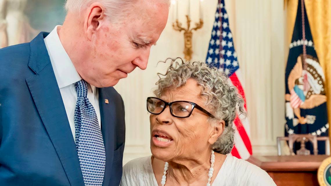 President Joe Biden talks with Opal Lee after signing the Juneteenth National Independence Day Act Bill, Thursday, June 17, 2021, in the East Room of the White House.