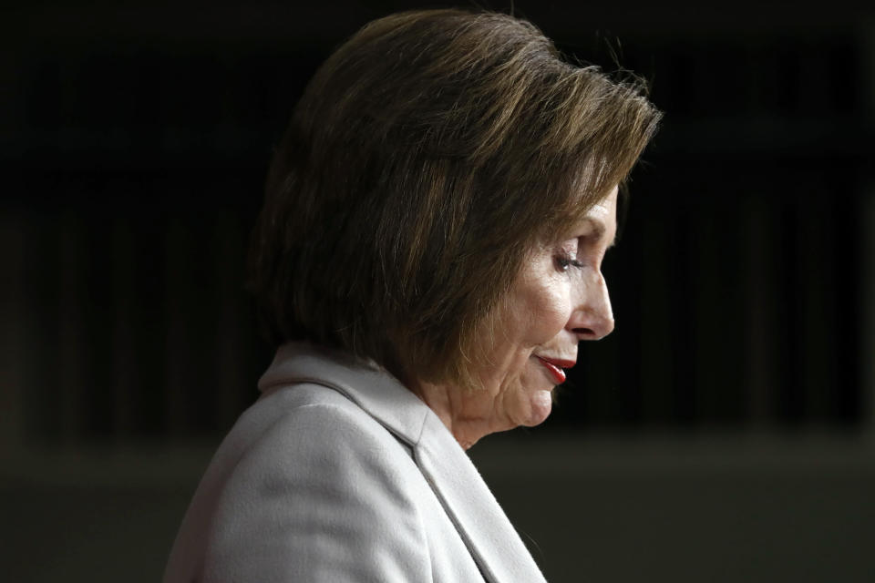 House Speaker Nancy Pelosi of Calif., pauses while speaking about the recent passing of Rep. Elijah Cummings, during a news conference on Capitol Hill in Washington, Thursday, Oct. 17, 2019. (AP Photo/Pablo Martinez Monsivais)