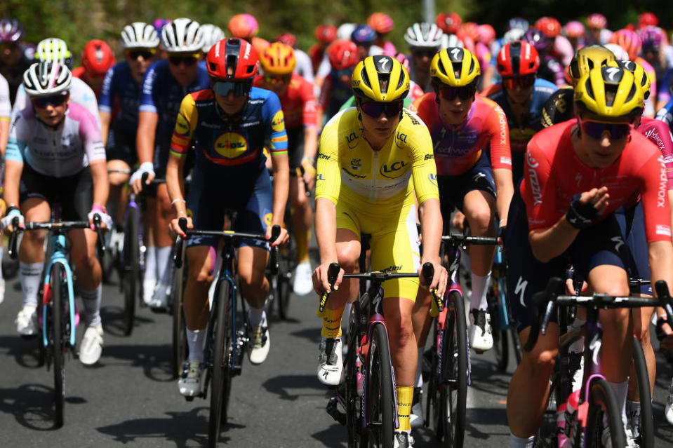 MONTIGNACLASCAUX FRANCE  JULY 25 Lotte Kopecky of Belgium and Team SD Worx  Protime  Yellow Leader Jersey competes during the 2nd Tour de France Femmes 2023 Stage 3 a 1472km stage from CollongeslaRouge to MontignacLascaux  UCIWWT  on July 25 2023 in MontignacLascaux France Photo by Alex BroadwayGetty Images