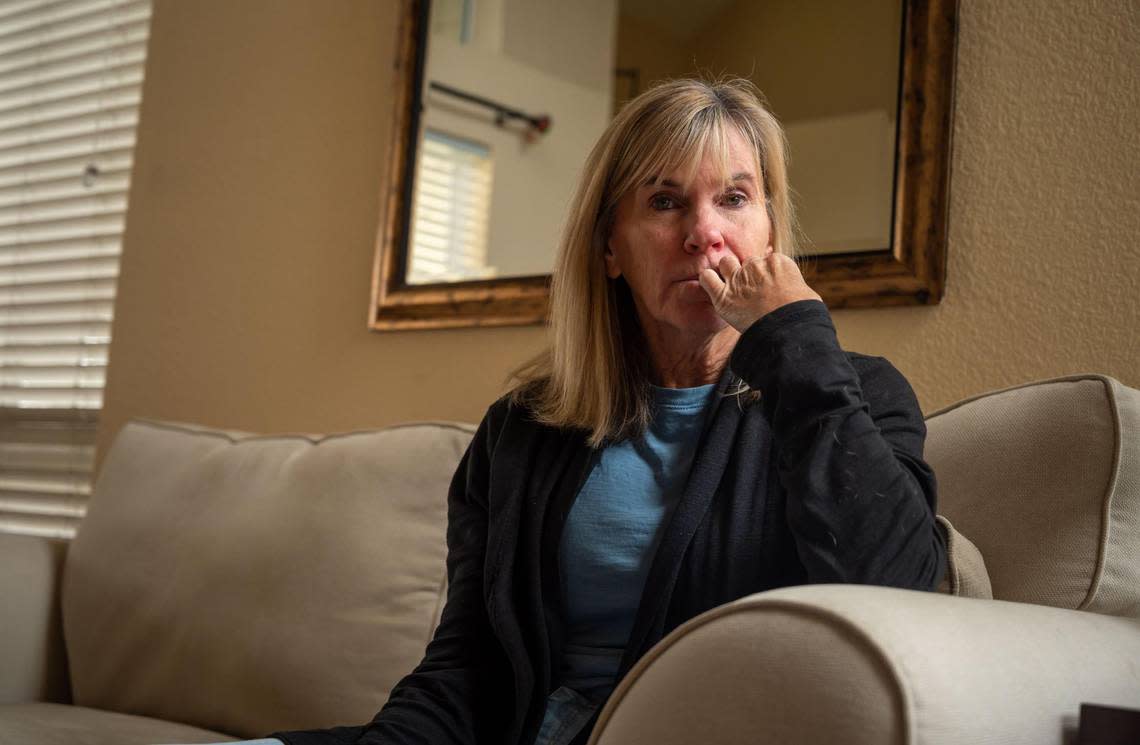 Katie Ragan, a teacher at Granite Oaks Middle School in Rocklin, is seen a home Wednesday, April 13, 2022, in Rocklin. She said she began being harassed after a parent became angry following a lesson involving a CNN Kids News segment on California and COVID-19 vaccines. She said that after early inaction by the school district but an eventual cease-and-desist letter, she’s been on stress leave since November after speaking with her union representation.