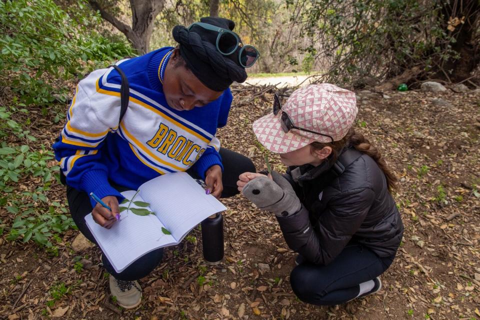 Two women kneel down in a forest, one writing in a notebook