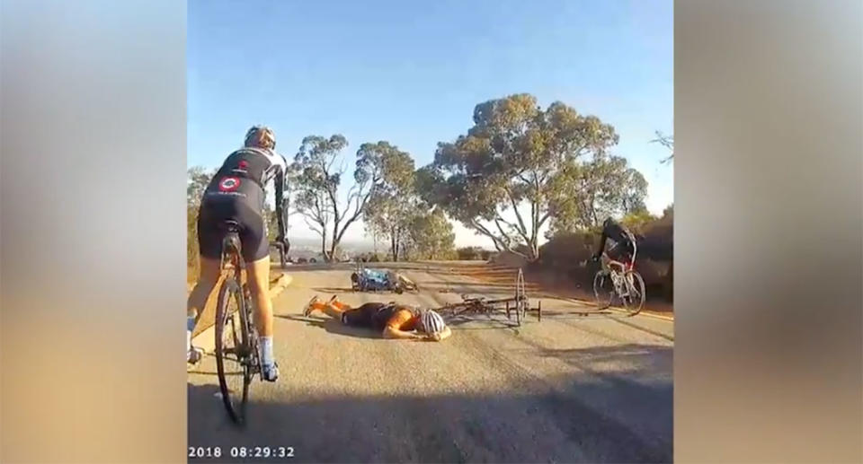 The pair lay sore and sorry on the ground after the high-speed crash with the roo. Source: Martin Thurlby.