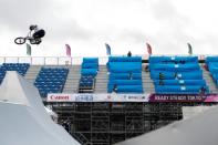 Hoping to fly: Daichi Teshigahara competes in a BMX freestyle test event in Tokyo in May