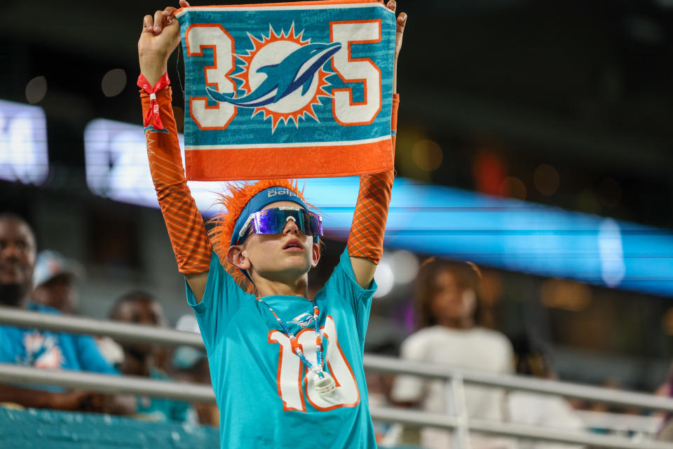 Aug 11, 2023; Miami Gardens, Florida, USA; fans cheer during a preseason game between the Atlanta Falcons and Miami Dolphins at Hard Rock Stadium. Mandatory Credit: Nathan Ray Seebeck-USA TODAY Sports