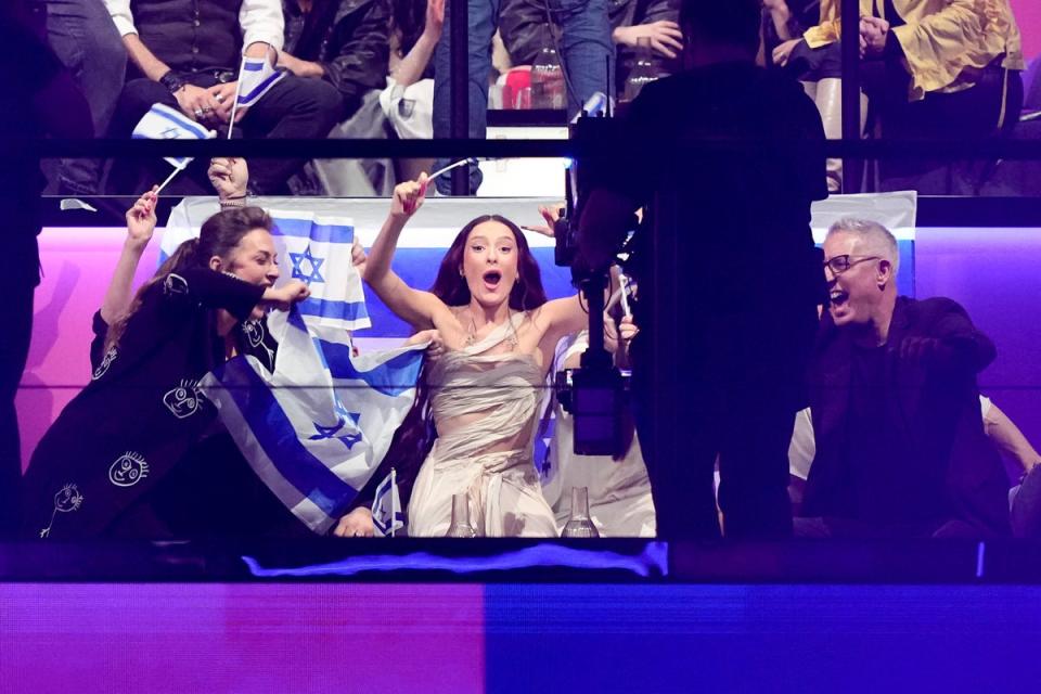 Eden Golan of Israel, centre, reacts as she is voted through to the Eurovision final (AP)
