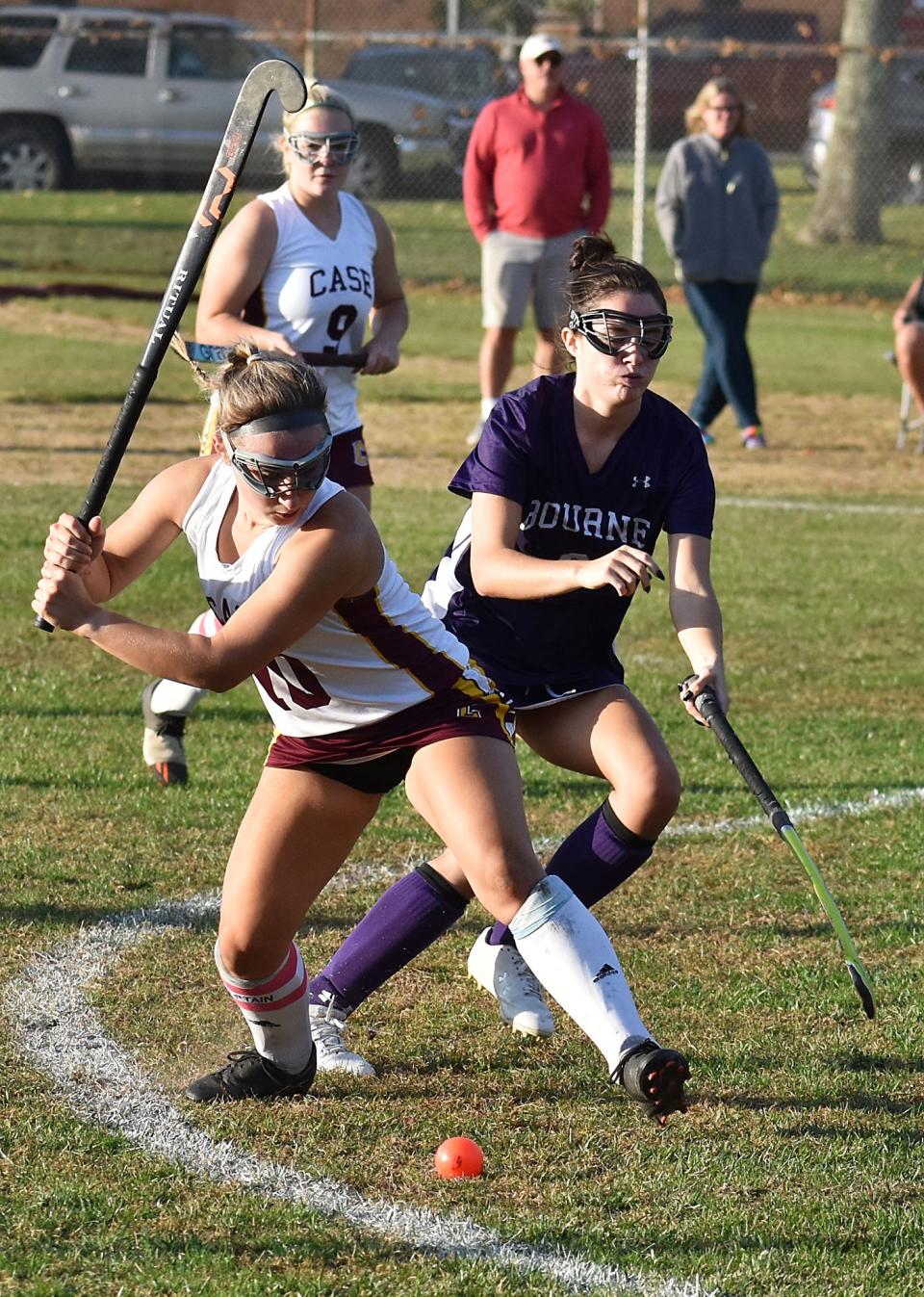 Case's Lexi Yost takes a shot against Bourne in their field hockey game in Swansea on Wednesday.