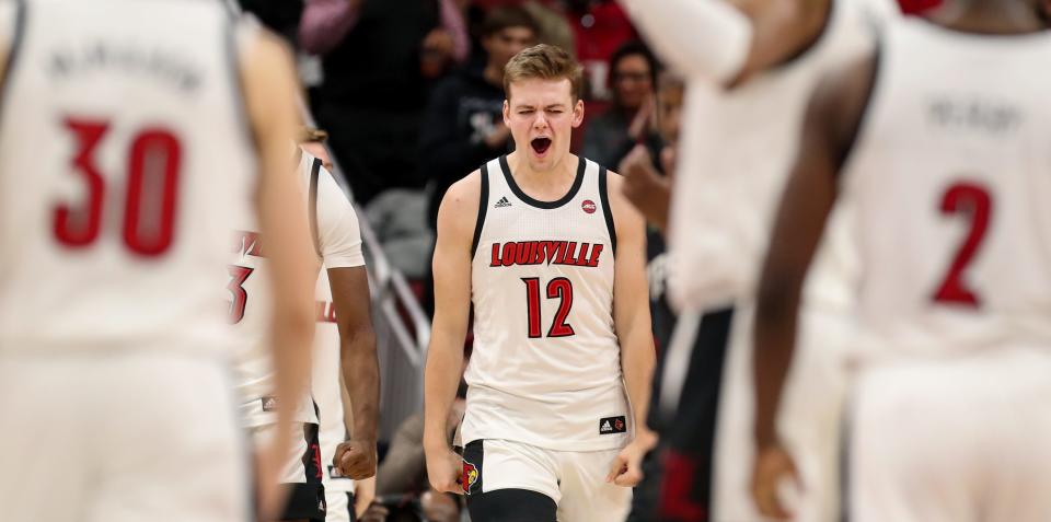 Louisville's Hogan Orbaugh celebrates after USC Upstate calls a timeout on Nov. 20, 2019