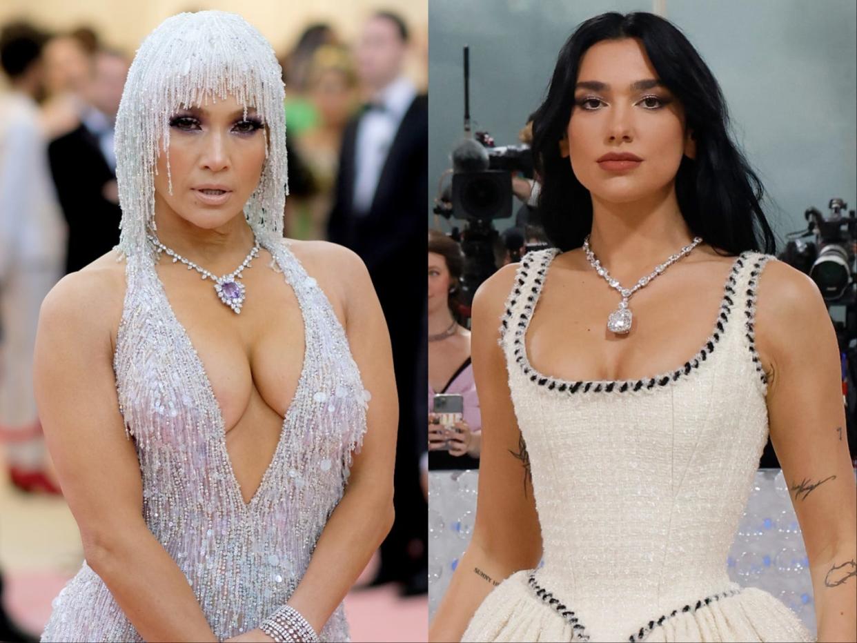 A side-by-side of Jennifer Lopez and Dua Lipa at the Met Gala.
