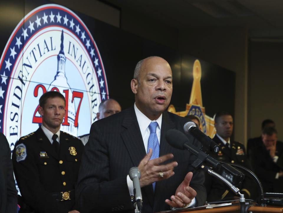 Then-Homeland Security secretary Jeh Johnson speaks during a news conference on Jan. 13, 2017, in Dulles, Va.