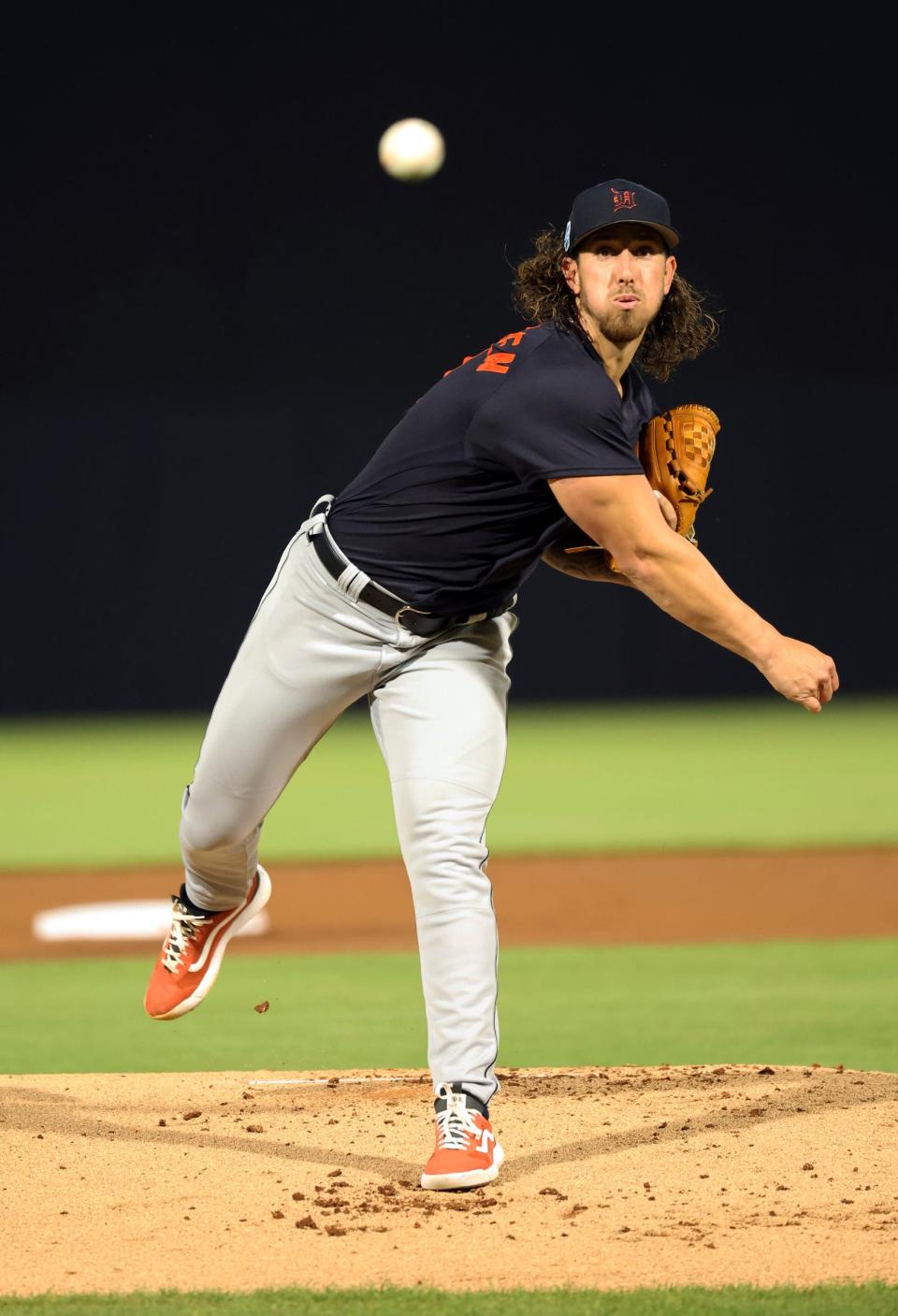 Tigers starting pitcher Michael Lorenzen throws a pitch during the first inning against the Yankees at George M. Steinbrenner Field in Tampa, Florida, on Friday, March 3, 2023.