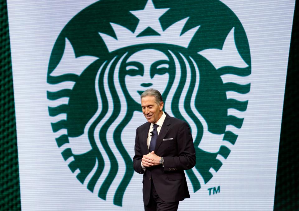 Starbucks CEO Howard Schultz speaks at the Starbucks annual shareholders meeting in Seattle in March.