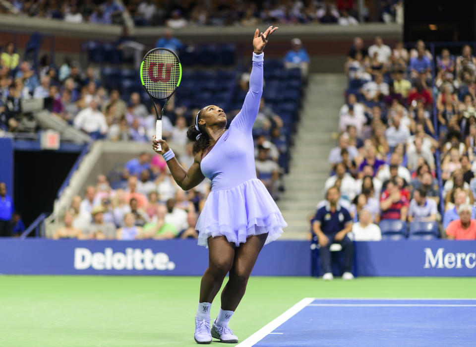 NEW YORK, NY - AUGUST 29: Serena Williams of the United States in action against Carina Witthoeft of Germany while wearing a tennis outfit designed by Virgil Abloh and designed in conjunction with Nike, in the second round of the US Open at the USTA Billie Jean King National Tennis Centre on August 28, 2018 in New York City, United States. (Photo by TPN/Getty Images)