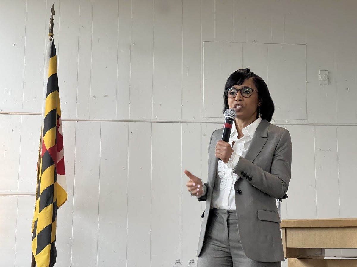 Prince George's County Executive Angela Alsobrooks, a candidate for U.S. Senate, speaks during a forum held by Eastern Shore Democrats in Cambridge, Maryland on Nov. 3, 2023. Alsobrooks won the straw poll that followed the forum.