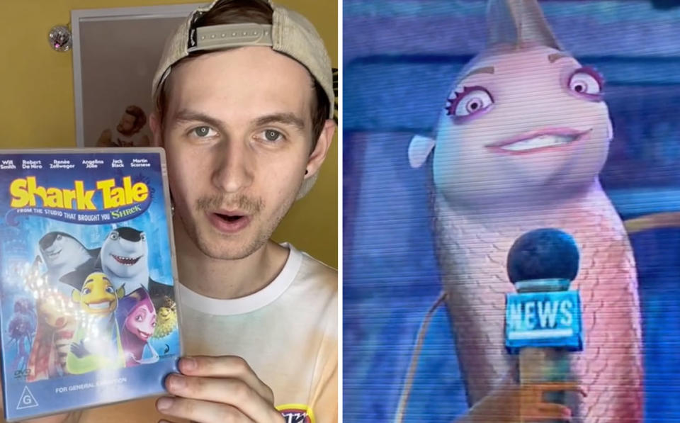 L: Tylah Hill holds a copy of a Shark Tale DVD. R: A fish reporter from Shark Tale 