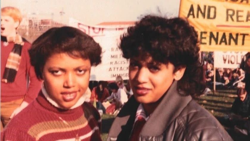 Kamala Harris, right, protests South African apartheid with classmate Gwen Whitfield on the National Mall in November 1982. (Photo: courtesy of Kamala Harris)