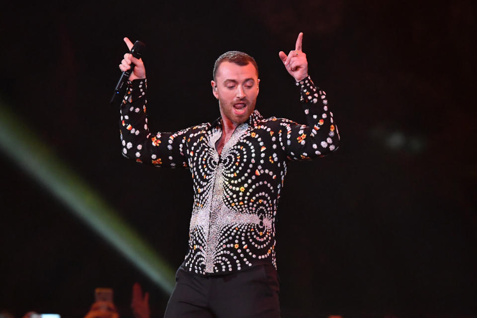 LONDON, ENGLAND - FEBRUARY 20: (EDITORIAL USE OMLY)  Sam Smith performs during The BRIT Awards 2019 held at The O2 Arena on February 20, 2019 in London, England. (Photo by Samir Hussein/WireImage)