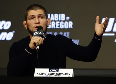 Sep 20, 2018; New York, NY, USA; Khabib Nurmagomedov during a press conference for UFC 229 at Radio City Music Hall. Mandatory Credit: Noah K. Murray-USA TODAY Sports