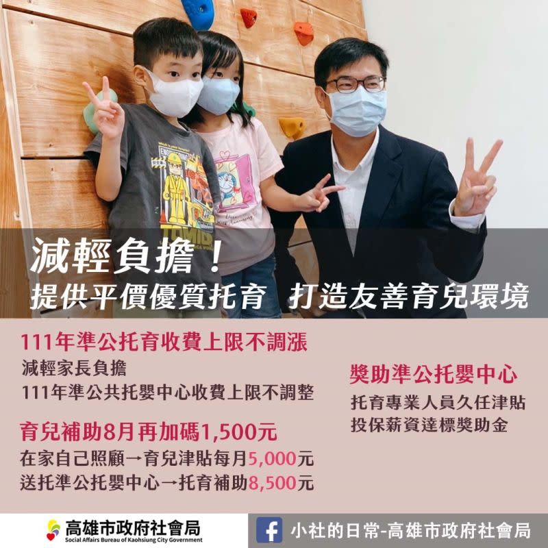 ▲高雄市自今年8月起，在家帶孩子月領5千送托領8千5，準公托今年不調漲。（圖／高市府社會局提供）