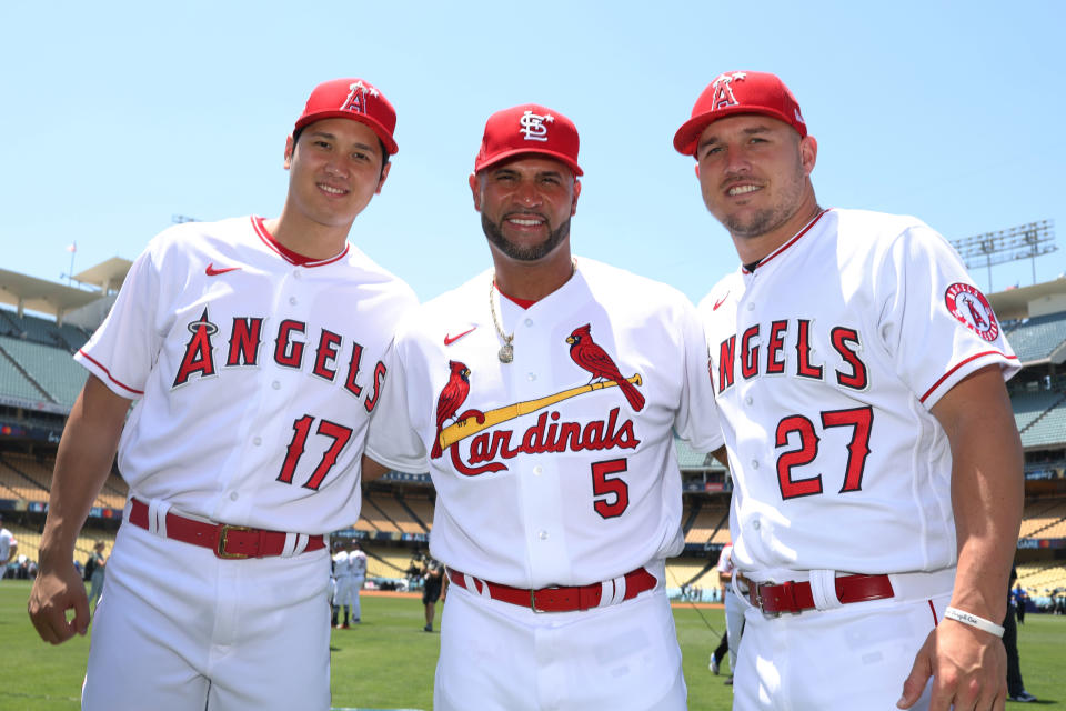 聖路易紅雀傳奇Albert Pujols（圖中）與前隊友洛杉磯天使Mike Trout（圖右）、大谷翔平。（Photo by Rob Tringali/MLB Photos via Getty Images）