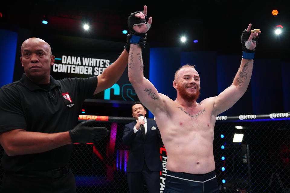 LAS VEGAS, NEVADA – SEPTEMBER 05: Dylan Budka reacts after his victory over Chad Hanekom of <a class="link " href="https://sports.yahoo.com/soccer/teams/south-africa-women/" data-i13n="sec:content-canvas;subsec:anchor_text;elm:context_link" data-ylk="slk:South Africa;sec:content-canvas;subsec:anchor_text;elm:context_link;itc:0">South Africa</a> in a middleweight fight during Dana White’s Contender Series season seven, week five at UFC APEX on September 05, 2023 in Las Vegas, Nevada. (Photo by Cooper Neill/Zuffa LLC via Getty Images)