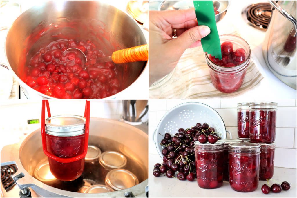 The steps to canning food. This person demonstrates how to can cherry pie filling.