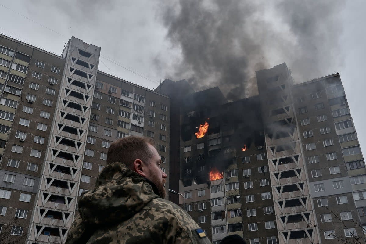 A high-rise building in Kyiv damaged in a missile strike on February 7, 2024 (Getty Images)