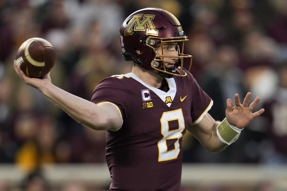 Minnesota quarterback Athan Kaliakmanis looks to pass the ball during the first half of an NCAA college football game against Michigan, Saturday, Oct. 7, 2023, in Minneapolis. (AP Photo/Abbie Parr)