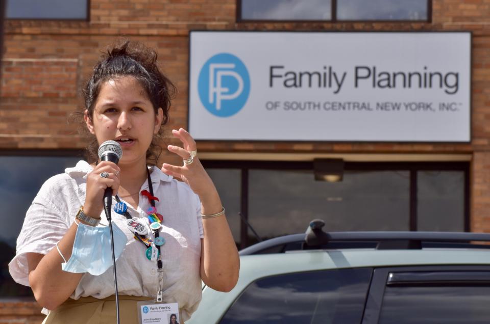 Aviva Friedman, a Democrat representing downtown and the North Side on Binghamton City Council, addresses a crowd of nearly 200 at a demonstration Monday, June 27, in front of the Family Planning of South Central New York clinic on Hawley Street in Binghamton.