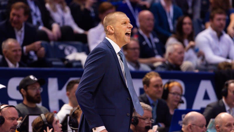 Brigham Young Cougars head coach Mark Pope yells during the college men’s basketball game between the Brigham Young Cougars and the TCU Horned Frogs at the Marriott Center in Provo on Saturday, March 2, 2024.