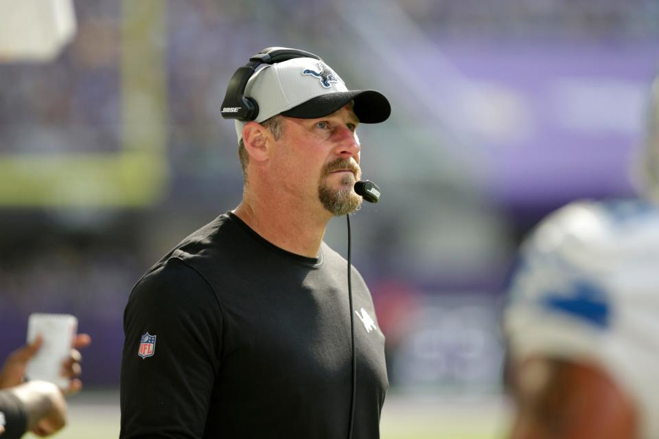 Lions coach Dan Campbell watches from the sideline during the first half of the Lions' 19-17 loss to the Vikings on Sunday, Oct. 10, 2021, in Minneapolis.