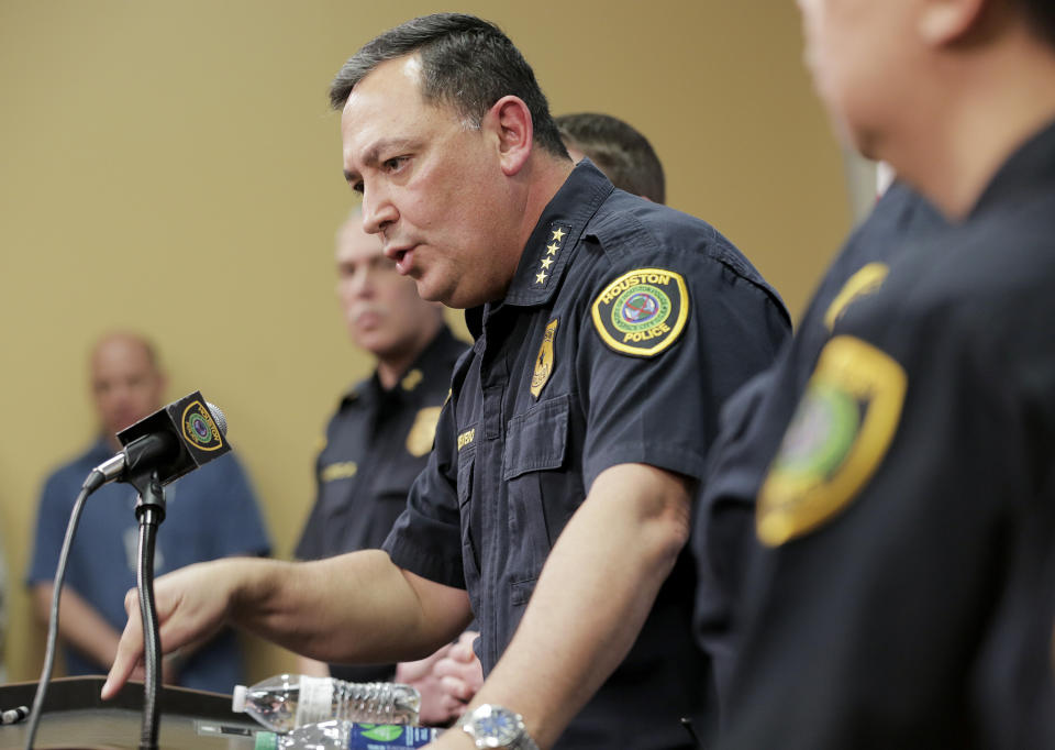 Houston Police Chief Art Acevedo talks to the media during a press conference at the police station, Friday, Feb. 15, 2019 in Houston. A lead investigator lied in an affidavit justifying a drug raid on a Houston home in which two residents were killed and four undercover officers were shot and wounded during a gun battle, the city’s police chief said Friday. ( Elizabeth Conley/Houston Chronicle via AP)