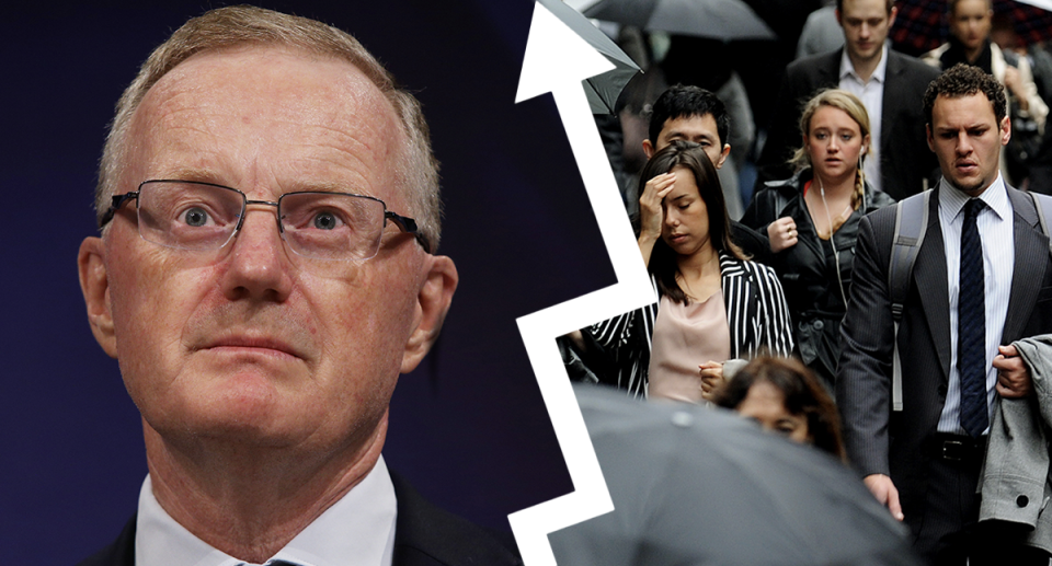 A composite image of RBA governor Philip Lowe and a crowd of people looking concerned separated by an arrow pointing upwards.