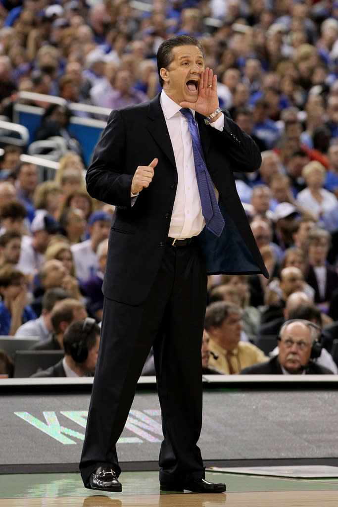 Head coach John Calipari of the Kentucky Wildcats reacts in the first half while taking on the Kansas Jayhawks in the National Championship Game of the 2012 NCAA Division I Men's Basketball Tournament at the Mercedes-Benz Superdome on April 2, 2012 in New Orleans, Louisiana. (Photo by Jeff Gross/Getty Images)