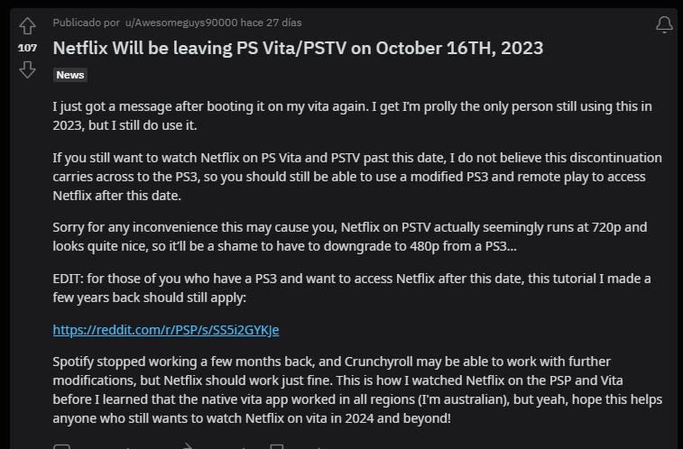 Netflix dejará de funcionar en el PS Vita