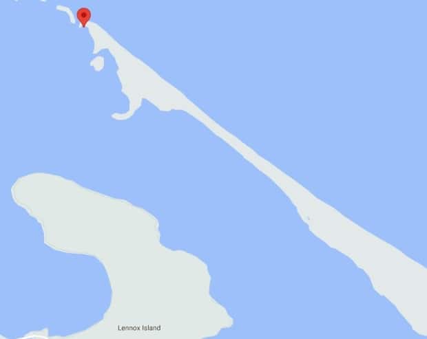 Marked in red is about where the dog was found, on a large sandbar close to Hog Island.