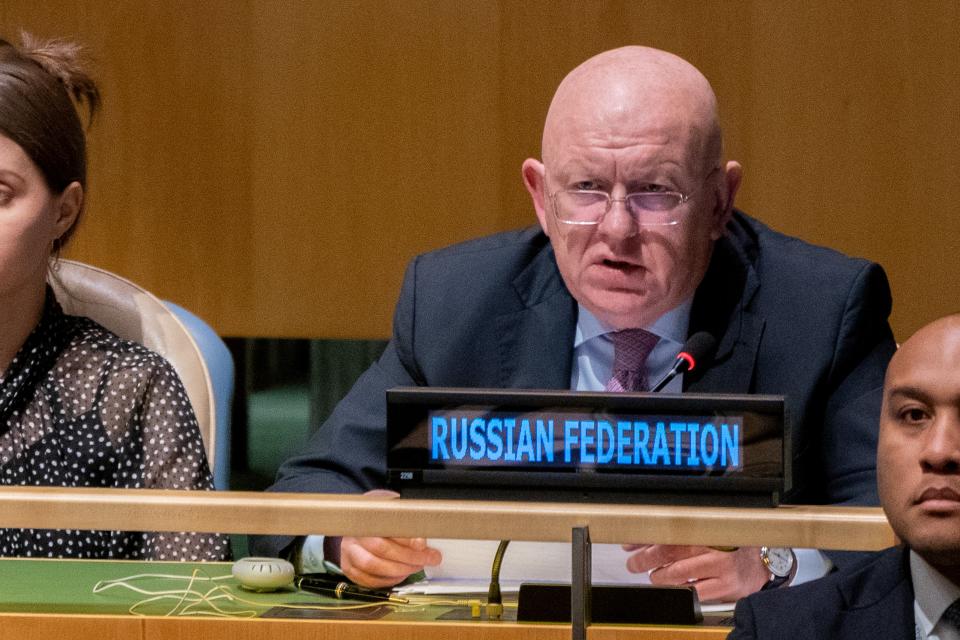 Russian ambassador to the UN Vassily Nebenzia address members of the general assembly prior to a vote on a resolution condemning the annexation of parts of Ukraine amid Russia’s invasion of Ukraine, at the United Nations headquarters (Reuters)